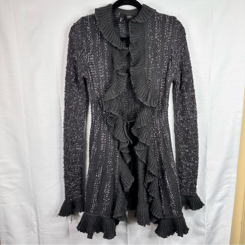 BKE Boutique longline cardigan ruffle front neutral bohemian lagenlook grunge